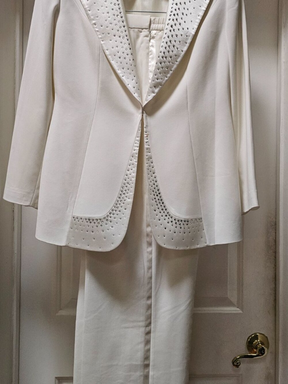 2 Piece White Satin Evening Pantsuit